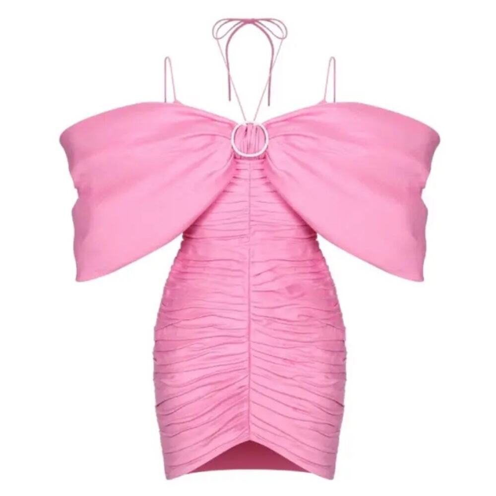 RASARIO Bow Embellished Draped Off the Shoulder Pink Linen Mini Dress Size 2 - Picture 3 of 13